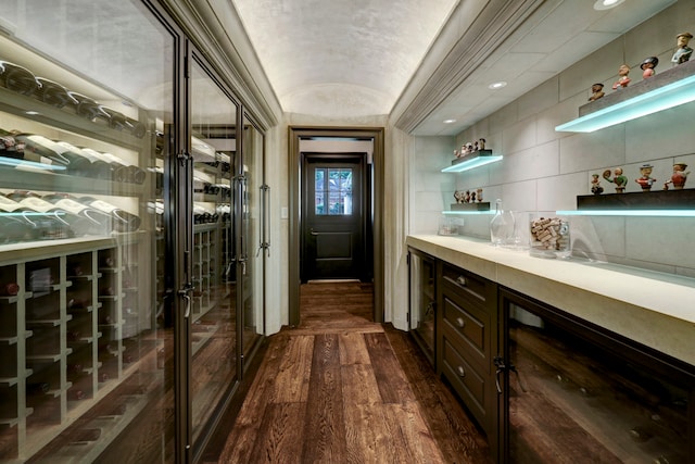 bar with backsplash, dark brown cabinets, and dark hardwood / wood-style flooring