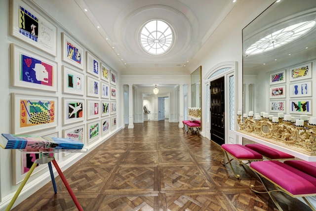 interior space featuring dark parquet flooring