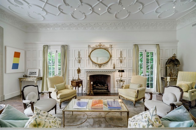 living room featuring ornamental molding and hardwood / wood-style floors