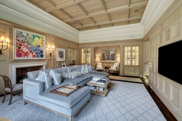 living room featuring carpet floors, a towering ceiling, crown molding, beamed ceiling, and coffered ceiling