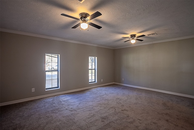 carpeted empty room featuring crown molding, a textured ceiling, and ceiling fan