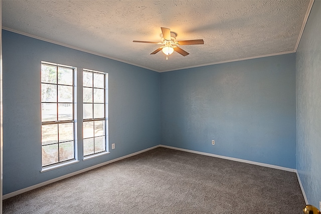 carpeted empty room featuring a textured ceiling, ceiling fan, and ornamental molding