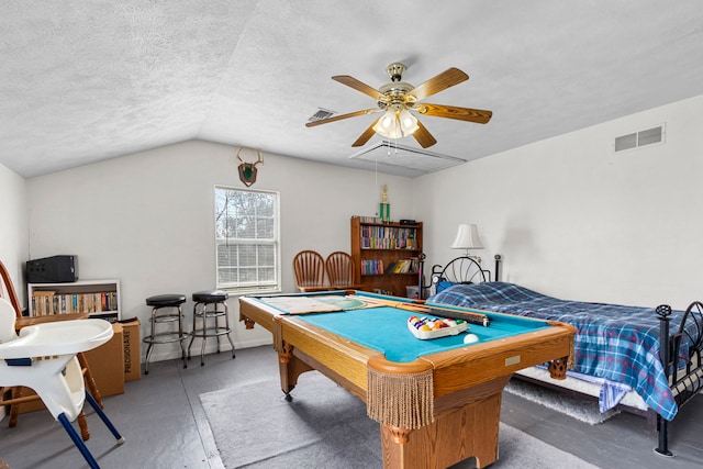 rec room with ceiling fan, lofted ceiling, a textured ceiling, and billiards