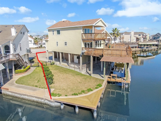 rear view of property with a lawn, a patio, a balcony, and a water view