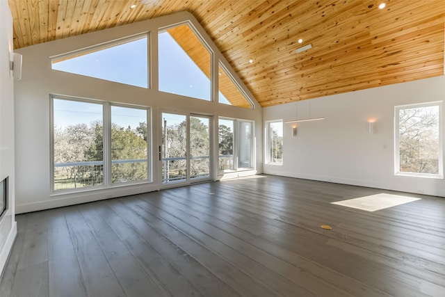 unfurnished living room with dark hardwood / wood-style flooring, high vaulted ceiling, and a healthy amount of sunlight