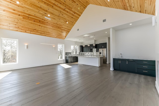 unfurnished living room featuring dark hardwood / wood-style flooring, high vaulted ceiling, a wealth of natural light, and wooden ceiling