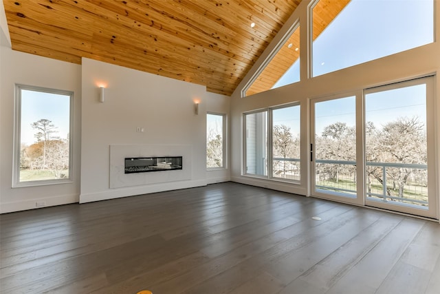 unfurnished living room with wood-type flooring, high vaulted ceiling, and wooden ceiling