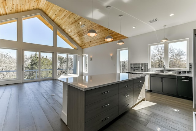 kitchen with a large island, dark hardwood / wood-style floors, hanging light fixtures, and tasteful backsplash