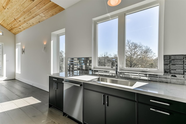 kitchen with stainless steel dishwasher, wooden ceiling, sink, and tasteful backsplash