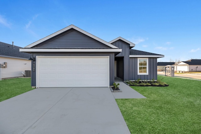 single story home with central AC, a front lawn, and a garage