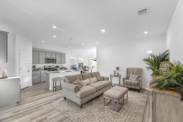 living room with light hardwood / wood-style floors and sink