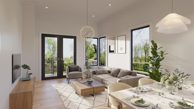 interior space featuring wood-type flooring, french doors, crown molding, and a chandelier