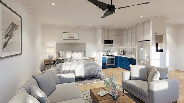 bedroom featuring light hardwood / wood-style flooring, ceiling fan, high end fridge, and ornamental molding