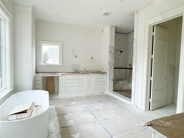 bathroom featuring vanity, crown molding, and separate shower and tub