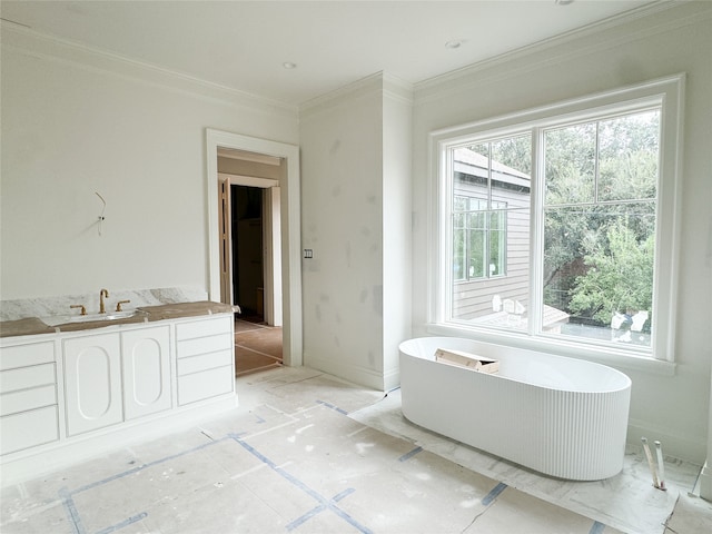 bathroom featuring vanity, crown molding, and a bathing tub