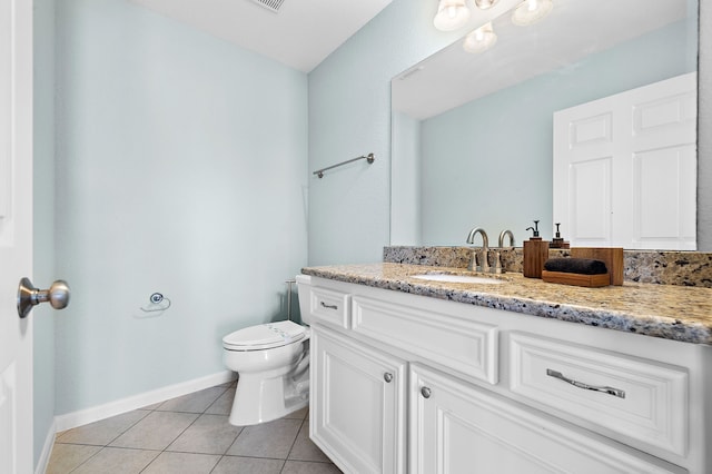 bathroom featuring toilet, tile flooring, and vanity