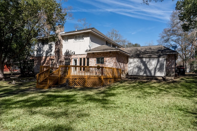 back of house with a wooden deck and a yard