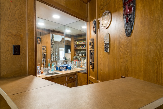 interior space with wood walls and sink