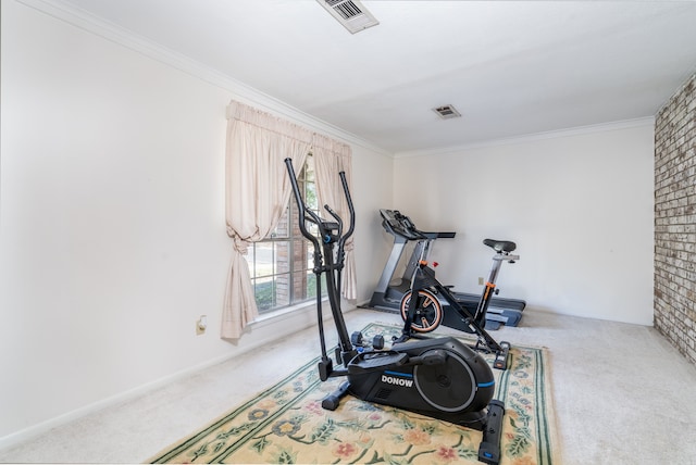 exercise area with light carpet, ornamental molding, and brick wall