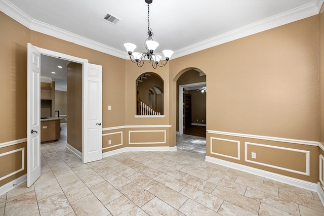 unfurnished room featuring crown molding, ceiling fan with notable chandelier, and light tile floors