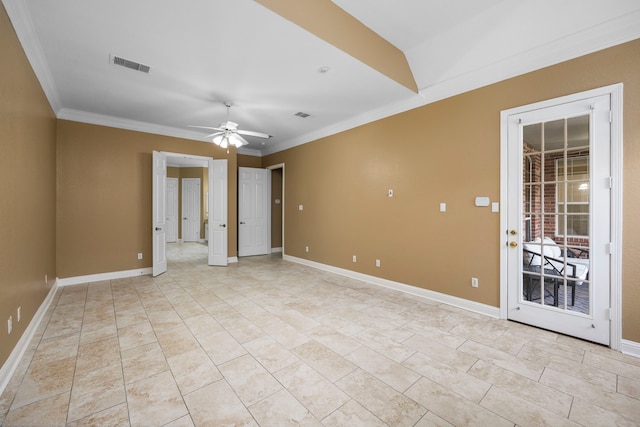 tiled spare room with ceiling fan and crown molding