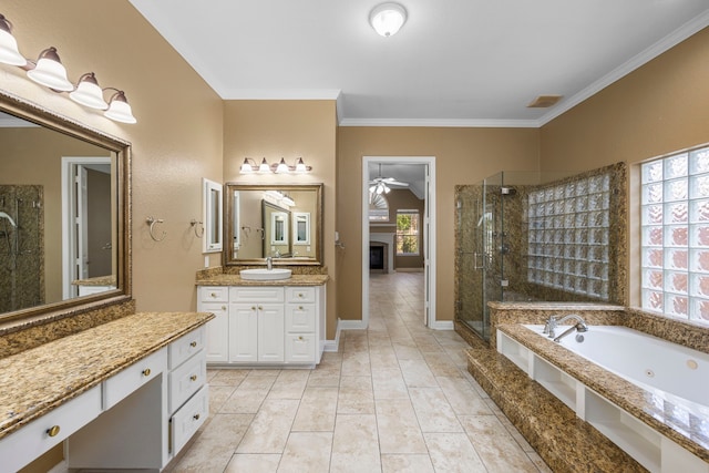 bathroom with separate shower and tub, vanity, ceiling fan, ornamental molding, and tile floors