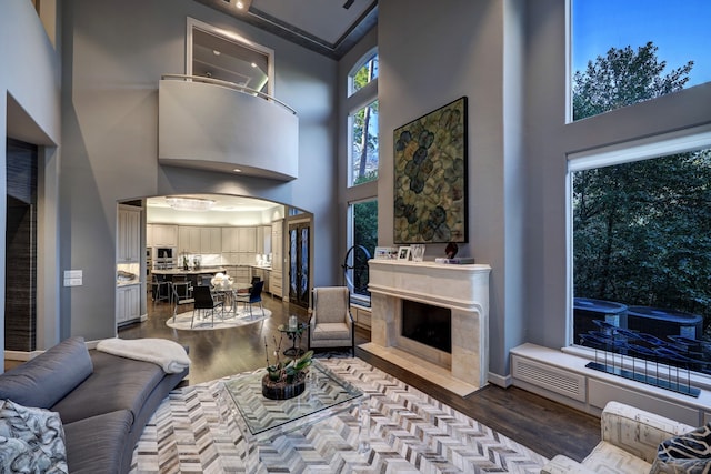 living room with hardwood / wood-style floors and a towering ceiling