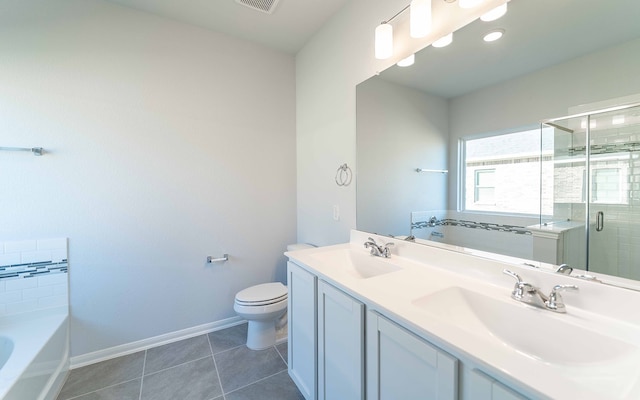 full bathroom with toilet, independent shower and bath, vanity, and tile patterned flooring