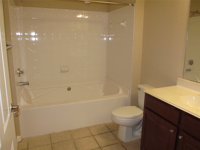 full bathroom with tile flooring, shower / bathtub combination, vanity with extensive cabinet space, and toilet