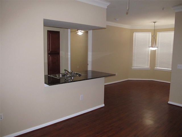 kitchen with crown molding, dark hardwood / wood-style floors, decorative light fixtures, and ceiling fan