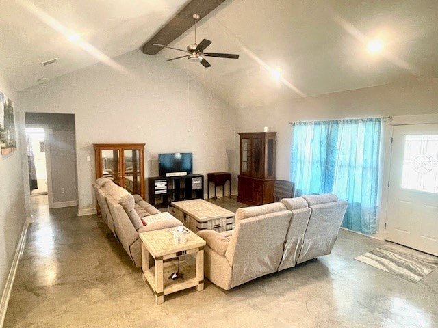 living room featuring high vaulted ceiling, ceiling fan, and beamed ceiling