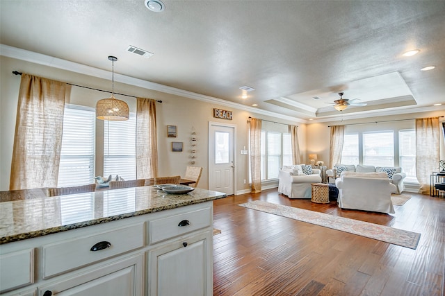 interior space with light hardwood / wood-style floors, ceiling fan, stone countertops, white cabinetry, and a tray ceiling