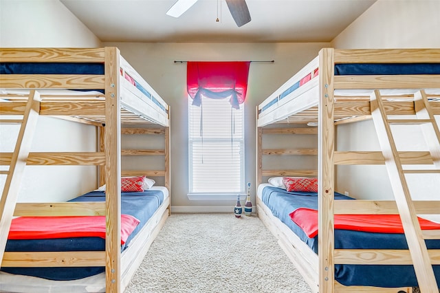 bedroom with light colored carpet and ceiling fan