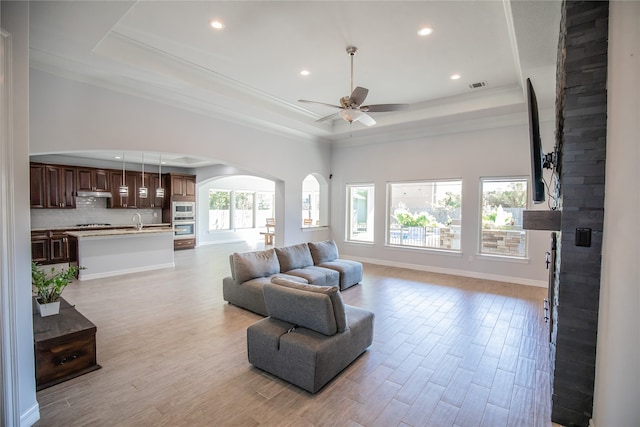 living room featuring a raised ceiling, a wealth of natural light, and light wood-type flooring