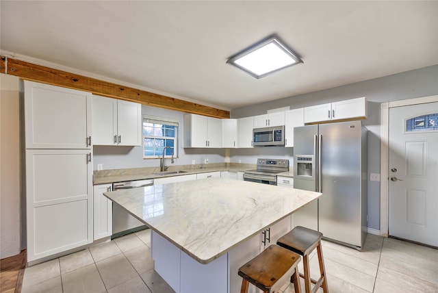 kitchen featuring white cabinetry, a kitchen bar, sink, stainless steel appliances, and a kitchen island