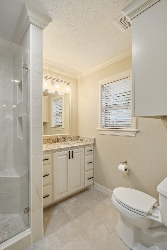 bathroom with crown molding, toilet, vanity, and tile flooring