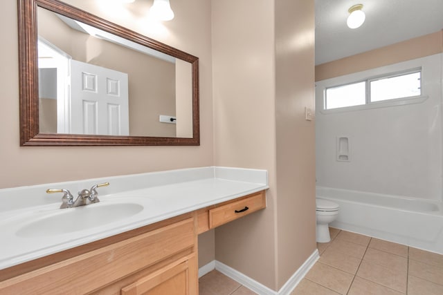 full bathroom with  shower combination, tile flooring, toilet, and vanity with extensive cabinet space