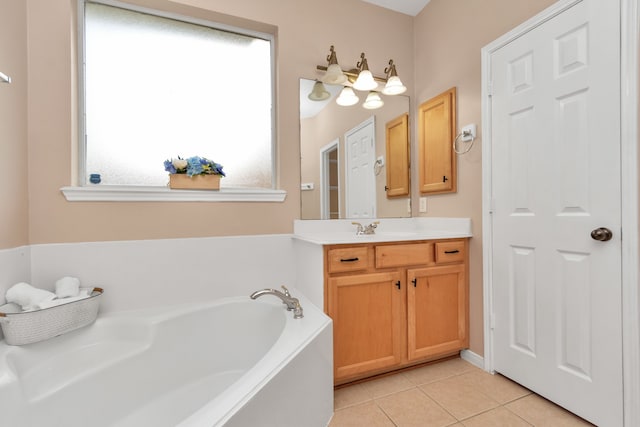 bathroom with tile floors, a bath, and large vanity