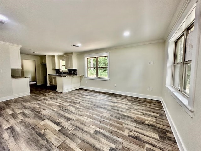 unfurnished living room featuring hardwood / wood-style floors, sink, and crown molding