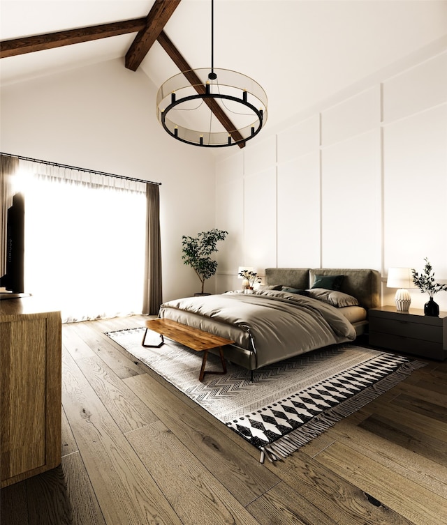 living room with dark hardwood / wood-style flooring, beamed ceiling, and high vaulted ceiling