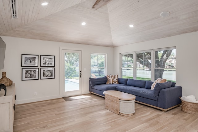 living room with lofted ceiling, wooden ceiling, and light hardwood / wood-style flooring