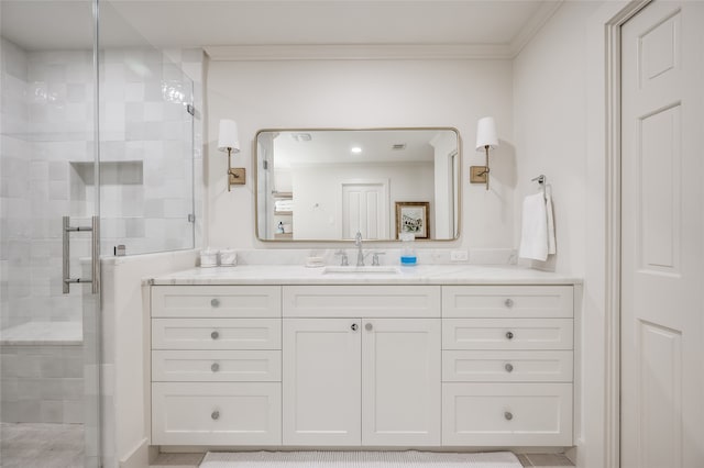 bathroom featuring walk in shower, crown molding, tile floors, and dual vanity