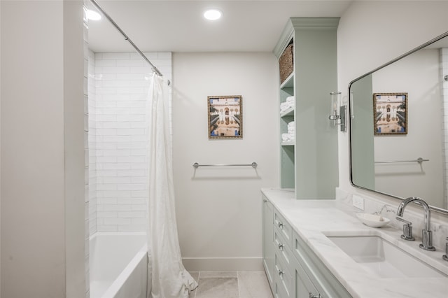 bathroom with shower / tub combo, tile floors, and oversized vanity