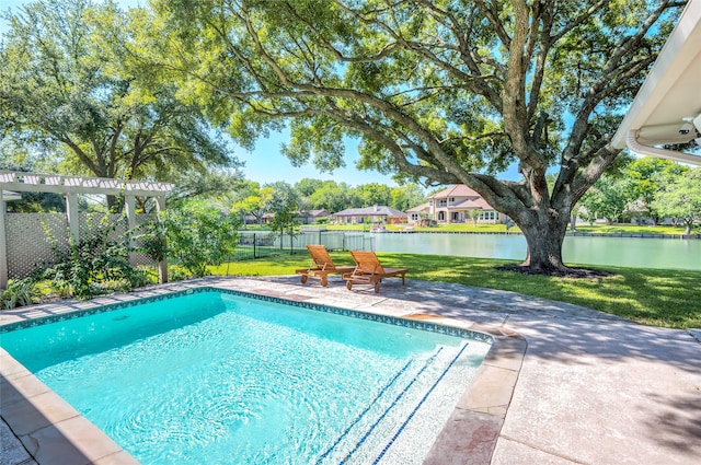 view of swimming pool with a yard, a patio area, and a pergola