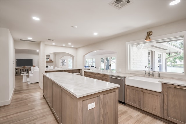 kitchen featuring stainless steel dishwasher, light hardwood / wood-style flooring, sink, and a wealth of natural light