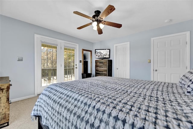 bedroom featuring ceiling fan, carpet floors, and access to outside