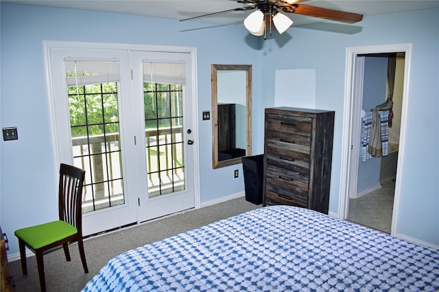 bedroom featuring access to exterior, ceiling fan, and carpet flooring