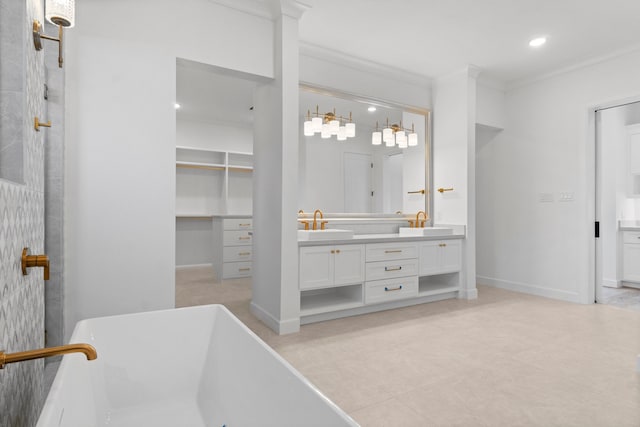 bathroom featuring tile floors, double sink vanity, crown molding, and a washtub