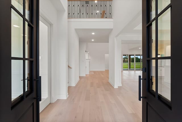 entryway featuring light hardwood / wood-style floors and a high ceiling