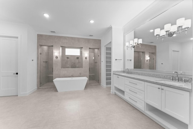 bathroom featuring tile patterned flooring, crown molding, shower with separate bathtub, and vanity